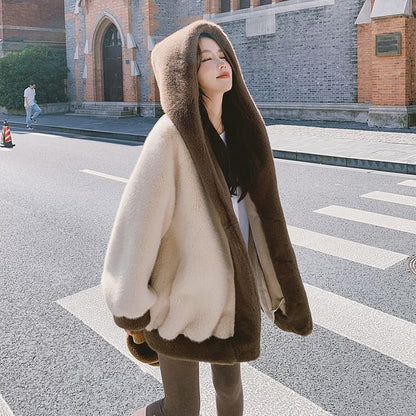 Two Tone Hooded Fluffy Jacket