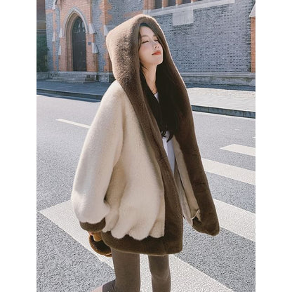 Two Tone Hooded Fluffy Jacket