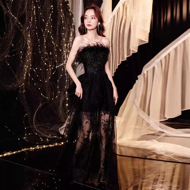 Lace Gown Sequin Panel Evening Feather Strapless Trim A-Line