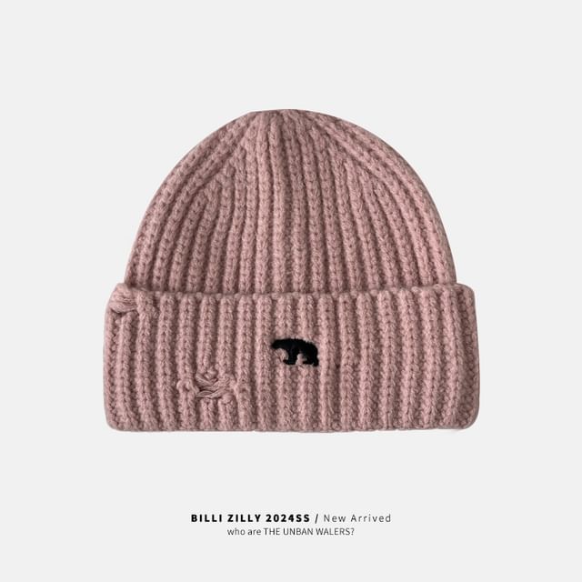 Bear Embroidered Knit Beanie