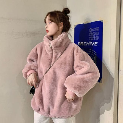 Stand Collar Plain Fluffy Half Zip Jacket