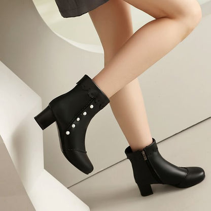 Short Faux Heel Pearl Chunky Boots