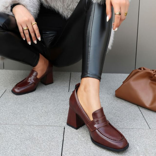 Faux Leather Chunky Heel Penny Loafers