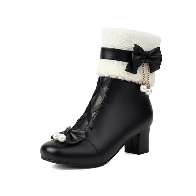 Bow Fleece Panel Chunky Heel Short Boots