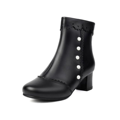 Faux Pearl Chunky Heel Short Boots