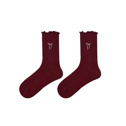 Bow Embroidered Lettuce Edge Socks