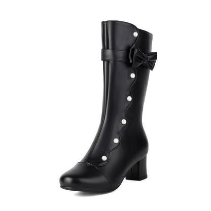 Faux Pearl Chunky Heel Mid-Calf Boots