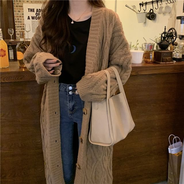 Cable-Knit V-Neck Long Cardigan