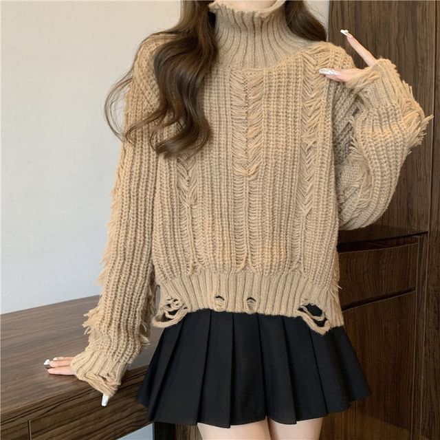 Distressed Turtleneck Cropped Sweater in 5 Colors