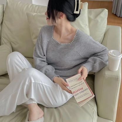 Pearl-Trim Square-Neck Loose Sweater in 5 Colors