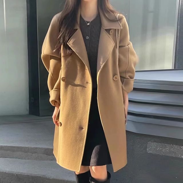 Plain Long Double-Breasted Coat