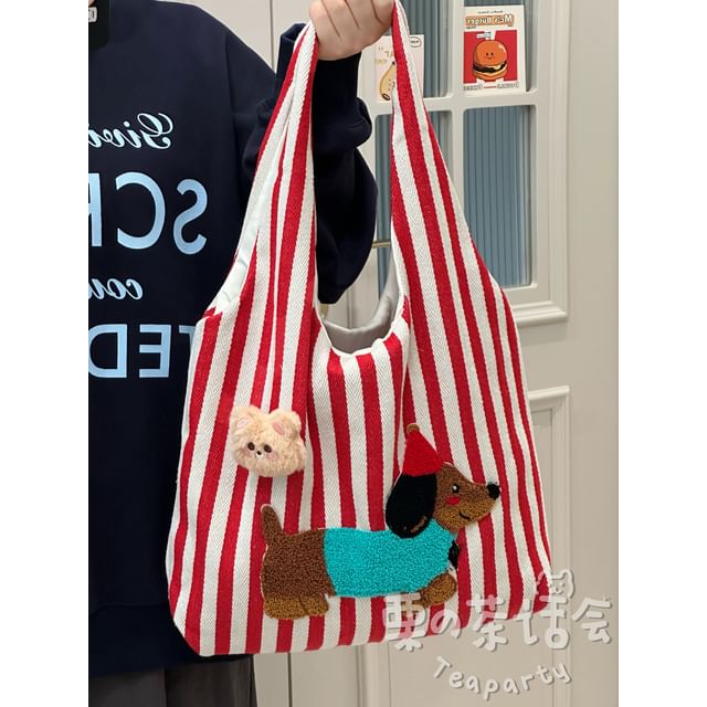 Fleece Dog Striped Canvas Tote Bag