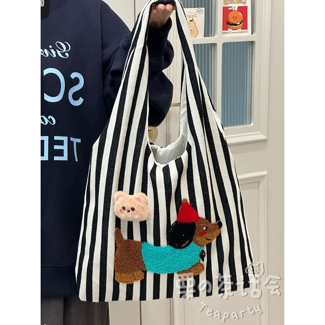 Fleece Dog Striped Canvas Tote Bag