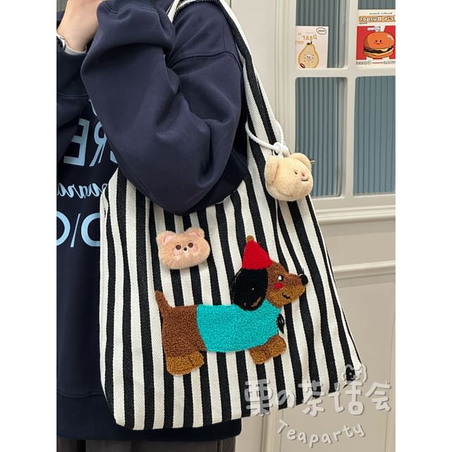 Fleece Dog Striped Canvas Tote Bag