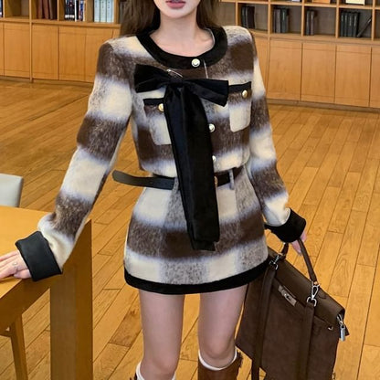 Crew Neck Plaid Bow Accent Contrast Trim Button-Up Crop Jacket / High Rise Mini Pencil Skirt