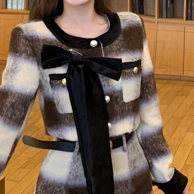 Crew Neck Plaid Bow Accent Contrast Trim Button-Up Crop Jacket / High Rise Mini Pencil Skirt