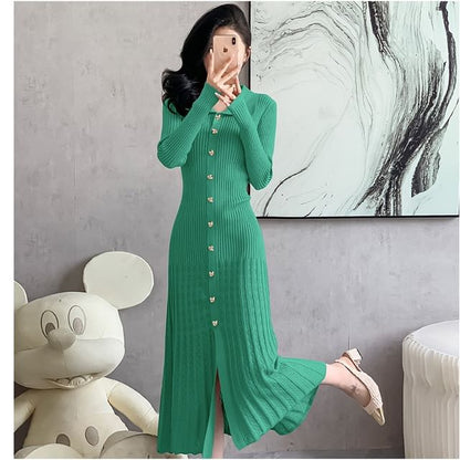 Long-Sleeve Collar Plain Ribbed Midi Sweater Dress