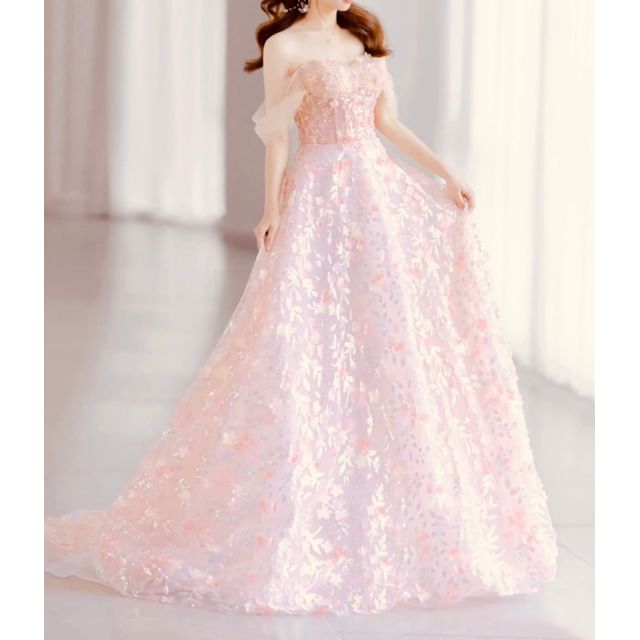 Sleeveless Off-Shoulder Floral A-Line Evening Gown