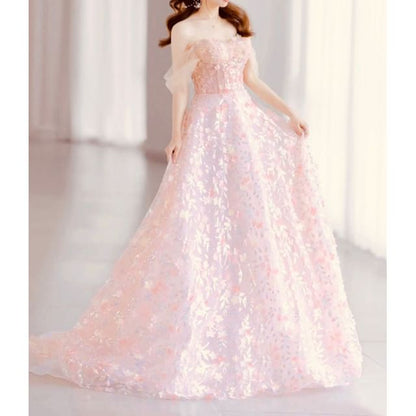 Sleeveless Off-Shoulder Floral A-Line Evening Gown