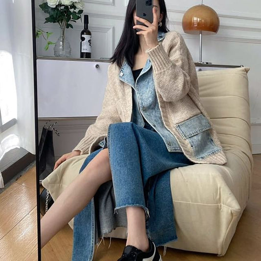 Mock Two-Piece Denim Panel Knit Cardigan