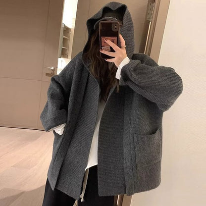 Solid Hooded Loose Knitted Cardigan