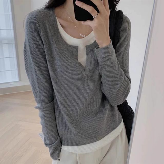 Long-Sleeve V-Neck Mock Two Piece Knit Top