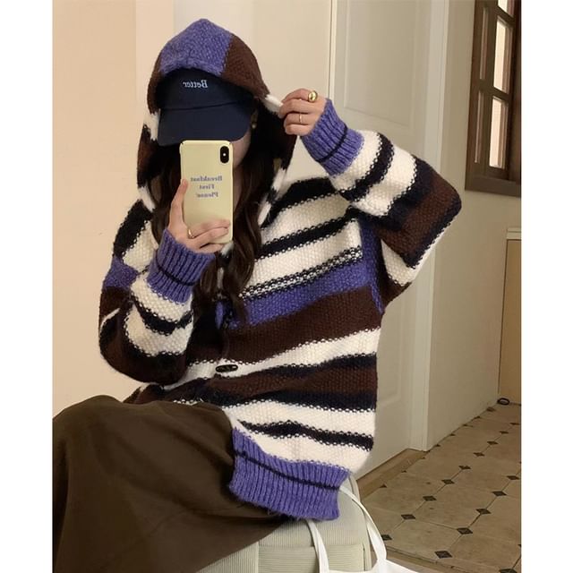 Hooded Long-Sleeve Striped Knit Long Cardigan