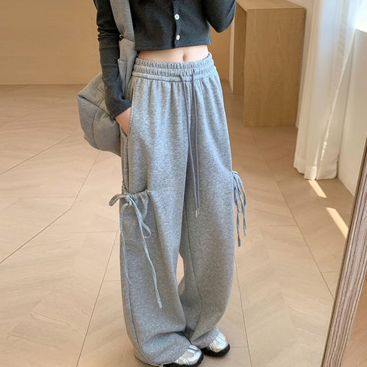 High Rise Plain Bow Accent Loose-Fit Wide-Leg Sweatpants