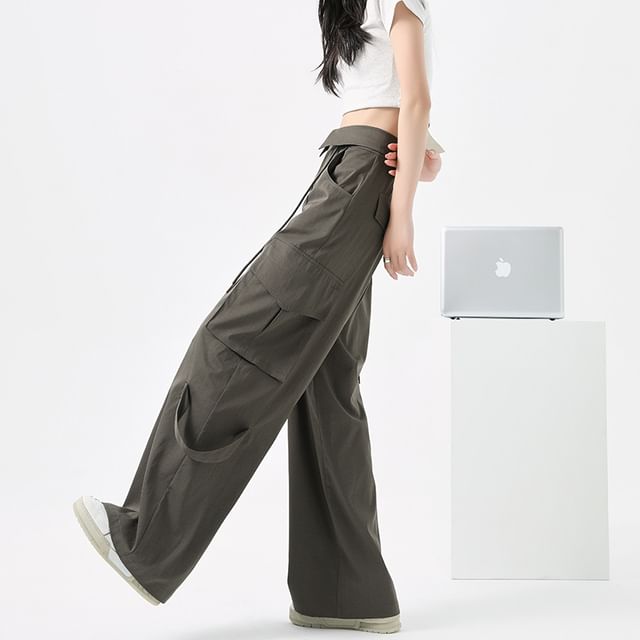 High Waist Folded Waistline Plain Straight-Fit Wide-Leg Cargo Pants