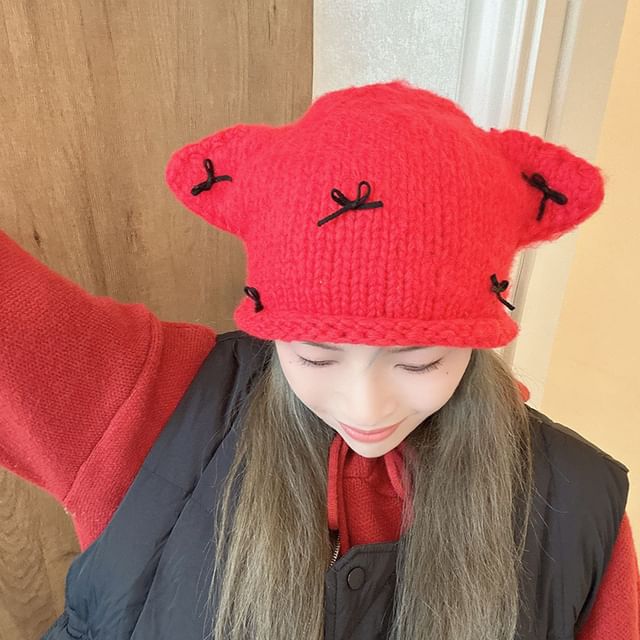 Animal Ear Bow Knit Beanie