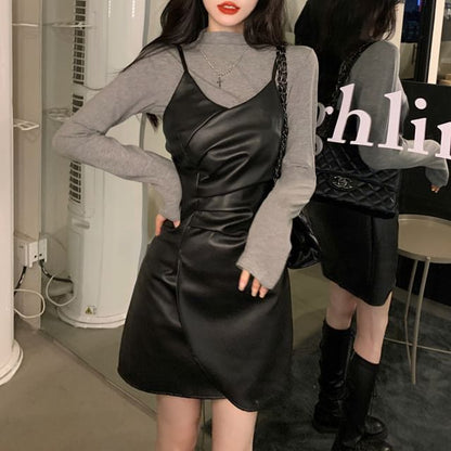 Long-Sleeve Mock Neck Plain Tee / Spaghetti Strap V-Neck Faux Leather Mini A-Line Dress