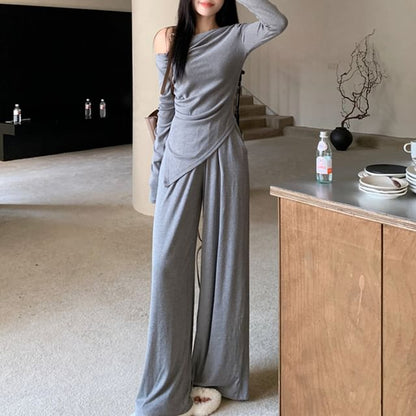 Set: Long-Sleeve Off Shoulder Plain Ruched Slit Tee + Mid Rise Plain Wide Leg Pants