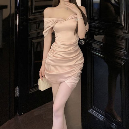 Cap-Sleeve Off-Shoulder Plain Ruched Asymmetrical Mini Sheath Dress