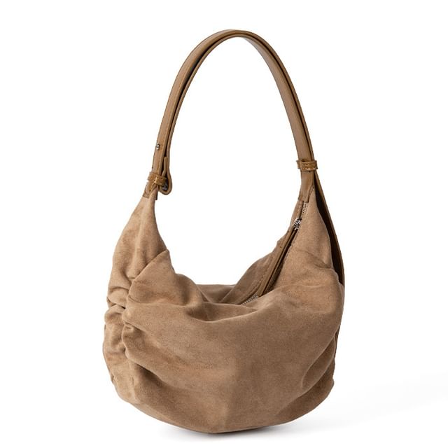Faux Suede Plain Zip Shoulder Bag