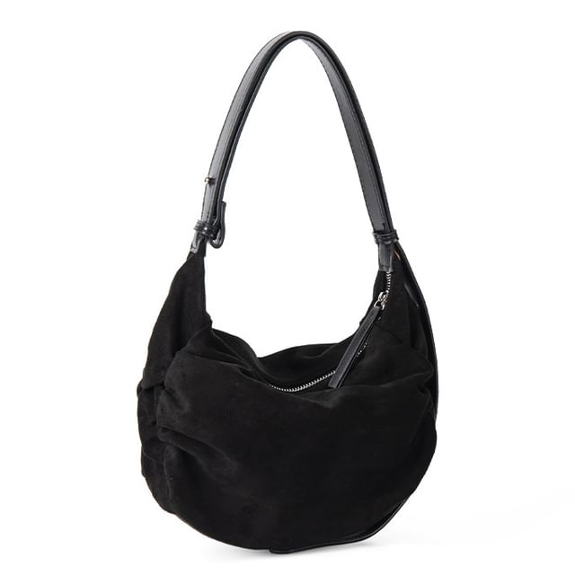 Faux Suede Plain Zip Shoulder Bag