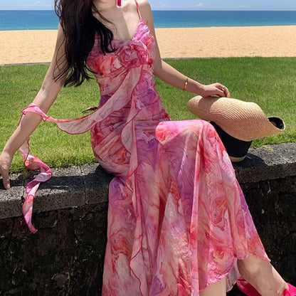 Spaghetti Strap Tie Dye Flower Accent Ruffle Trim Midi A-Line Sundress