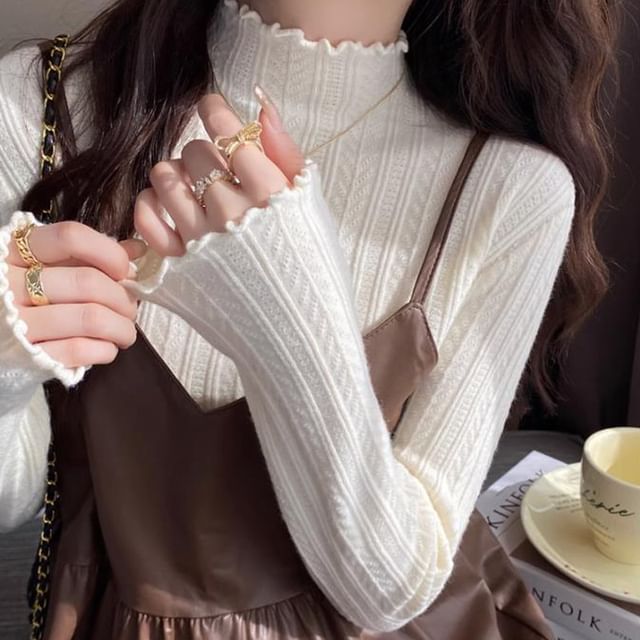 Long-Sleeve Mock Neck Plain Lettuce Edge Knit Top