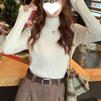 Long-Sleeve Mock Neck Plain Lettuce Edge Knit Top