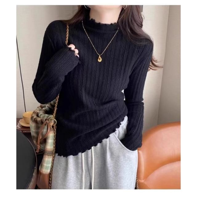 Long-Sleeve Mock Neck Plain Lettuce Edge Knit Top