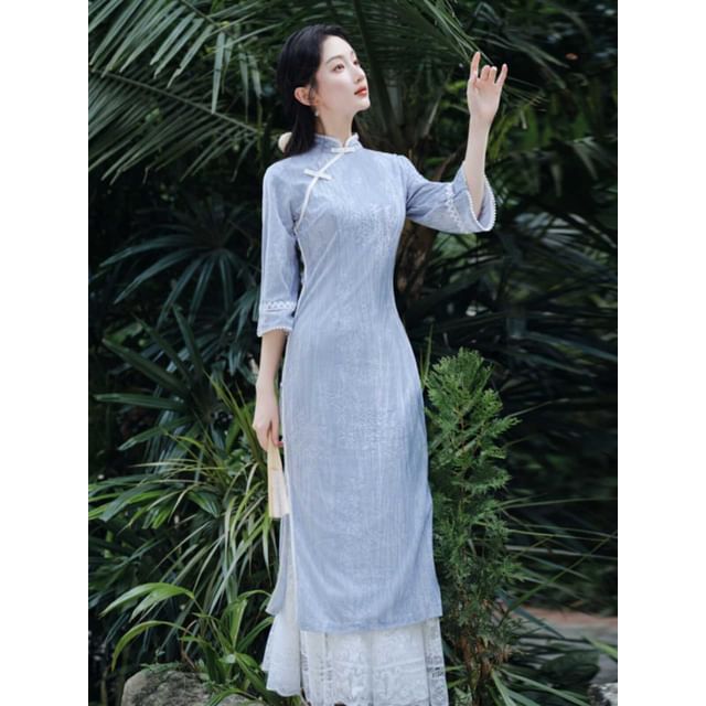 3/4 Sleeve Floral Print Midi Sheath Qipao / High Rise Plain Lace Maxi A-Line Skirt