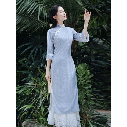 3/4 Sleeve Floral Print Midi Sheath Qipao / High Rise Plain Lace Maxi A-Line Skirt