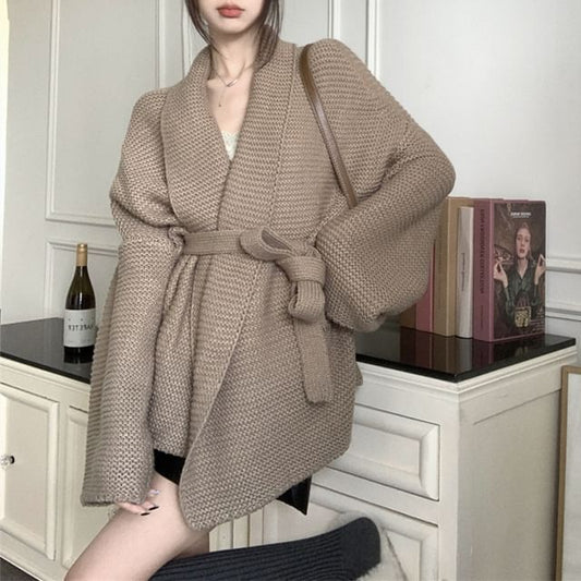 Open-Front Lapel Knit Cardigan with Sash