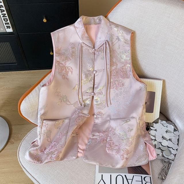 Floral Pocket Detail Frog-Button Single-Breasted Hanfu Vest