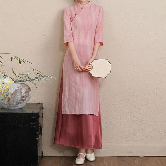 Elbow-Sleeve Striped Side-Slit Midi Hanfu Dress / Mid Rise Plain Maxi A-Line Skirt / Set