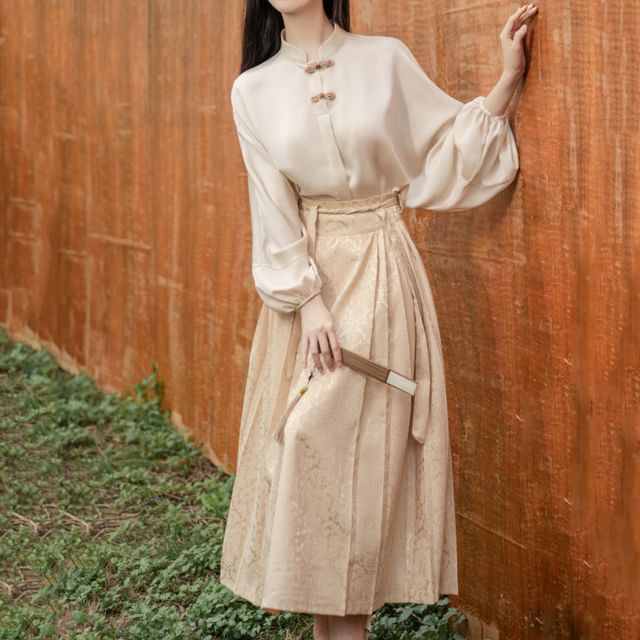 Puff-Sleeve Mock Neck Plain Blouse / High Rise Patterned Maxi A-Line Skirt / Set