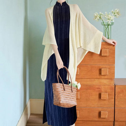 Flared-Sleeve Plain Pointelle Knit Long Cardigan / Sleeveless Striped Maxi Qipao / Set