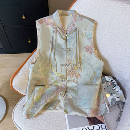 Floral Pocket Detail Frog-Button Single-Breasted Hanfu Vest