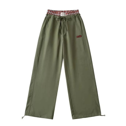 High Rise Mock Two Piece Plaid Paneled Loose-Fit Wide-Leg Cargo Pants