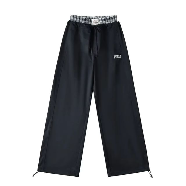 High Rise Mock Two Piece Plaid Paneled Loose-Fit Wide-Leg Cargo Pants