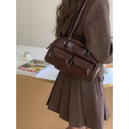 Faux Leather Plain Zip Shoulder Bag